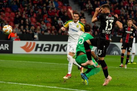 Leverkusen Germany 04 10 2018 UEFA Europa League 2018 19 Season Preliminary Round Group Stage Group A 2 Gameday Bayer 04 Leverkusen AEK Larnaka Goal to 2 1 by Lucas Alario B04 DeFodi001