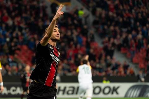 Leverkusen Germany 04 10 2018 UEFA Europa League 2018 19 Season Preliminary Round Group Stage Group A 2 Gameday Bayer 04 Leverkusen AEK Larnaka Torjubel Lucas Alario B04 celebrates after his strike to 2 1 DeFodi001