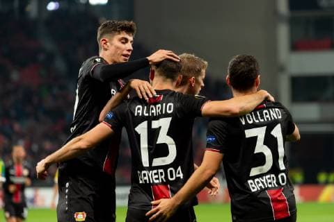 Leverkusen Germany 04 10 2018 UEFA Europa League 2018 19 Season Preliminary Round Group Stage Group A 2 Gameday Bayer 04 Leverkusen AEK Larnaka Torjubel cheers for Lucas Alario B04 after scoring the 2 1 DeFodi001