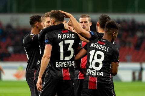 Leverkusen Germany 04 10 2018 UEFA Europa League 2018 19 Season Preliminary Round Group Stage Group A 2 Gameday Bayer 04 Leverkusen AEK Larnaka Torjubel cheers for Lucas Alario B04 after scoring the 2 1 DeFodi001