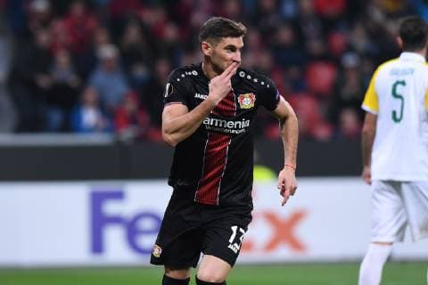 Soccer Europa League Group Stage 2 Gameday Bayer 04 Leverkusen AEK Larnaka on 04 10 2018 in the BayArena in Leverkusen Torjubel to 2 1 by Lucas Nicolas Leverkusen DFL DFB regulations prohibit any use of images as video sequences or quasi video xRx