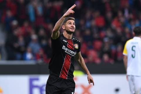Soccer Europa League Group Stage 2 Gameday Bayer 04 Leverkusen AEK Larnaka on 04 10 2018 in the BayArena in Leverkusen Torjubel to 2 1 by Lucas Nicolas Leverkusen DFL DFB regulations prohibit any use of images as video sequences or quasi video xRx