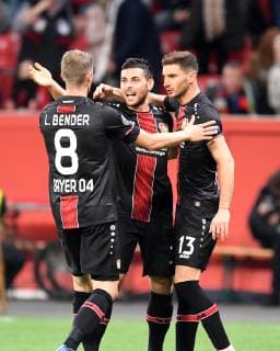 Football UEFA Europa League Season 2018 2019 Preliminary Round Game 2 Bayer 04 Leverkusen AEK Larnaca 04 010 2018 Bayarena Leverkusen Lars Bender Kevin Volland Lucas Alario all Bayer 04 Leverkusen goal celebrations