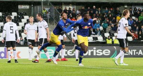 Trondheim RB Leipzig Soccer Euro League Trondheim 04 10 2018 Lerkendal Stadium Soccer UEFA Euro League Group B 2 Gameday Rosenborg BK Trondheim vs RB Leipzig Pictured Goal for RB Leipzig at 0 2 Matheus Cunha 20 RB Leipzig and Goal Scorer Ibrahima KonatŽ Konate 6 RB Leipzig According to the UEFAs policy prohibits the use or recycling of photographs taken in the stadium and or by the game in the form of sequence images and video-like photo series