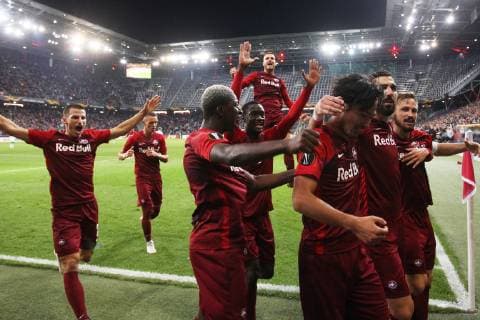 SOCCER - UEFA EL, RBS vs Celtic SALZBURG,AUSTRIA,04.OCT.18 - SOCCER - UEFA Europa League, group stage, Red Bull Salzburg vs Celtic FC Glasgow. Image shows the rejoicing of Amadou Haidara, Takumi Minamino, Munas Dabbur and Andreas Ulmer (RBS). GEPAxpictures xMathiasxMandl