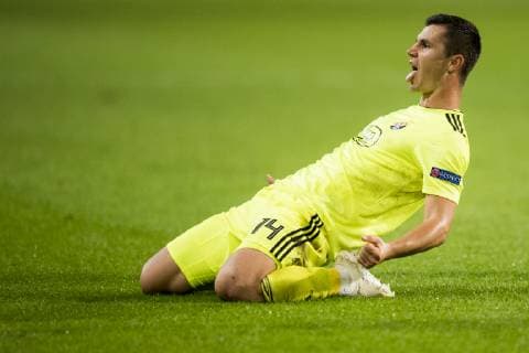 Dinamo Zagreb s midfielder Amer Gojak celebrates after scoring during a game of Belgian soccer team RSC Anderlecht against Croatian team Dinamo Zagreb in Anderlecht, Thursday 04 October 2018, on day two of the Europa League group stage, in group D. JASPERxJACOBS  x05440678x