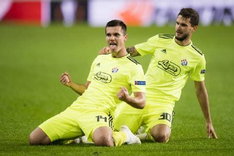 Dinamo Zagreb s midfielder Amer Gojak and Dinamo Zagreb s defender Petar Stojanovic celebrate after scoring during a game of Belgian soccer team RSC Anderlecht against Croatian team Dinamo Zagreb in Anderlecht, Thursday 04 October 2018, on day two of the Europa League group stage, in group D. JASPERxJACOBS  x05440690x