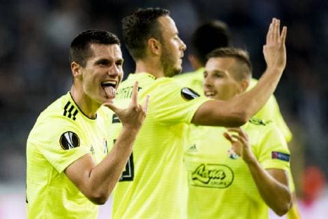 Dinamo Zagreb s midfielder Amer Gojak celebrates after scoring during a game of Belgian soccer team RSC Anderlecht against Croatian team Dinamo Zagreb in Anderlecht, Thursday 04 October 2018, on day two of the Europa League group stage, in group D. JASPERxJACOBS  x05440686x
