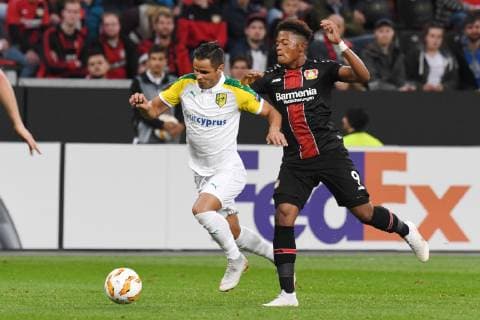 Leon Bailey Bayer 04 Leverkusen in action with Acoran AEK Larnaka 04 10 2018 Soccer Europa League Bayer 04 Leverkusen vs AEK Larnaka DFL REGULATIONS PROHIBIT ANY USE OF PHOTOGRAPH AS IMAGE SEQUENCES AND OR QUASI VIDEO 04 10 2018 Soccer Europa League Bayer 04 Leverkusen vs AEK Larnaka Leverkusen Copyright: xEIBNER ThomasxThienelx EP_TTL