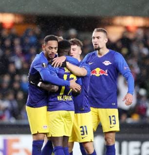 Trondheim RB Leipzig Soccer Euro League Trondheim 04 10 2018 Lerkendal Stadium Soccer UEFA Euro League Group B 2 Gameday Rosenborg BK Trondheim vs. RB Leipzig Pictured Goal for RB Leipzig Torjubel after 0 3 by Matheus Cunha 20 RB Leipzig According to UEFAs guidelines prohibited in the stadium and or made by the game photos taken in the form of sequence images and or video-like photo galleries to utilize or recycle
