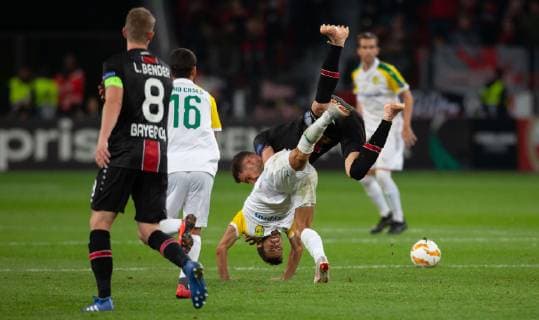 Leverkusen Germany 04 10 2018 UEFA Europa League 2018 19 Season Preliminary Round Group Stage Group 2 Gameday Bayer 04 Leverkusen AEK Larnaka Hector Hevel AEK Lucas Alario B04 in action DeFodi512
