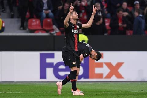Soccer Europa League Group Stage 2 Gameday Bayer 04 Leverkusen AEK Larnaka on 04 10 2018 in the BayArena in Leverkusen Torjubel zum 3 1 by Lucas Nicolas Leverkusen DFL DFB regulations prohibit any use of images as video sequences or quasi video xRx