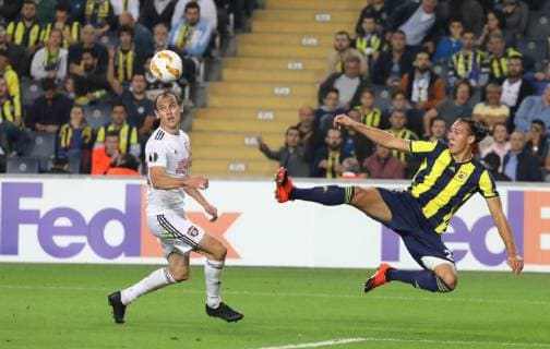 Michael Frey of Fenerbahce and Martin Toth (L) of Spartak Trnava during the UEFA Europa League Group D match between Fenerbahce and Spartak Trnava at Ulker Stadium in Istanbul , Turkey on October 04 , 2018 
