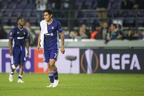 Anderlecht s Andy Najar looks dejected after a game of Belgian soccer team RSC Anderlecht against Croatian team Dinamo Zagreb in Anderlecht, Thursday 04 October 2018, on day two of the Europa League group stage, in group D. JASPERxJACOBS  x05440718x