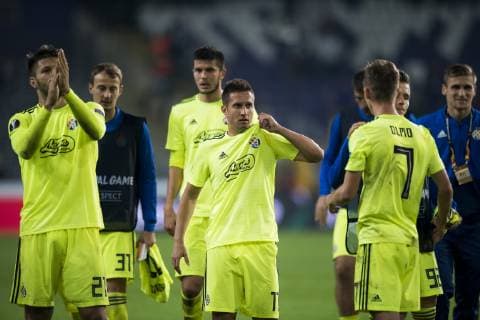 Dinamo Zagreb s players celebrate after winning a game of Belgian soccer team RSC Anderlecht against Croatian team Dinamo Zagreb in Anderlecht, Thursday 04 October 2018, on day two of the Europa League group stage, in group D. JASPERxJACOBS  x05440733x