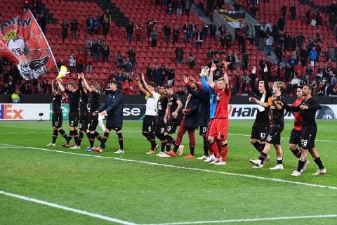 Soccer Europa League Group Stage 2 Gameday Bayer 04 Leverkusen AEK Larnaka on 04 10 2018 at the BayArena in Leverkusen Leverkusen players celebrate with their fans the home win DFL DFB regulations prohibit any use of images as image sequences or quasi video xRx