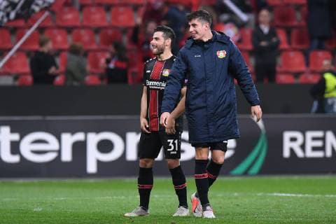 Soccer Europa League Group Stage 2 Gameday Bayer 04 Leverkusen AEK Larnaka at 04 10 2018 at the BayArena in Leverkusen Kevin Volland Leverkusen left Kai Havertz Leverkusen right DFL DFB regulations prohibit any use of images as image sequences and or quasi video xRx