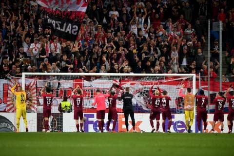 SOCCER - UEFA EL, RBS vs Celtic SALZBURG,AUSTRIA,04.OCT.18 - SOCCER - UEFA Europa League, group stage, Red Bull Salzburg vs Celtic FC Glasgow. Image shows the rejoicing of RBS. GEPAxpictures xFlorianxErtl