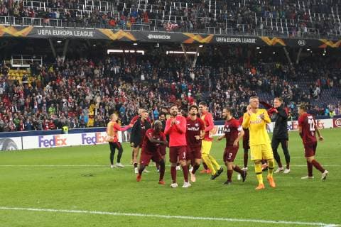 SOCCER - UEFA EL, RBS vs Celtic SALZBURG,AUSTRIA,04.OCT.18 - SOCCER - UEFA Europa League, group stage, Red Bull Salzburg vs Celtic FC Glasgow. Image shows the rejoicing of the team RBS. GEPAxpictures xMathiasxMandl