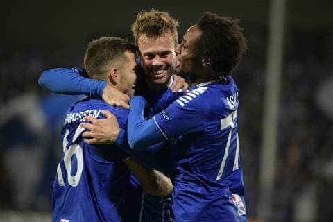 Sarpsborg s Patrick Mortensen celebrates after scoring during a game of Belgian soccer team KRC Racing Genk against Norwegian Sarpsborg 08 FF, in Sarpsborg, Norway, Thursday 04 October 2018, on day two of the Europa League group stage in group I. YORICKxJANSENS  x05440754x
