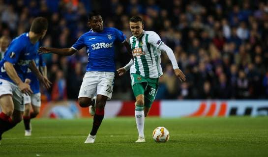SOCCER - UEFA EL, Rangers vs Rapid GLASGOW,SCOTLAND,04.OCT.18 - SOCCER - UEFA Europa League, group stage, Glasgow Rangers FC vs SK Rapid Wien. Image shows Alfredo Morelos (Rangers) and Dejan Ljubicic (Rapid). Keywords: Wien Energie. GEPAxpictures xPhilippxBrem