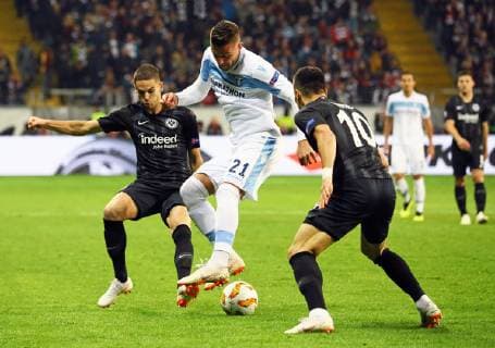 Sergei Milinkovic Savic Lazio Roma vs. Filip Kostic Eintracht Frankfurt and Mijat Gacinovic Eintracht Frankfurt 04 10 2018 Eintracht Frankfurt vs Lazio Roma UEFA Europa League 2 Gameday Commerzbank Arena DISCLAIMER DFL regulations prohibit any use of images as image sequences or quasi video