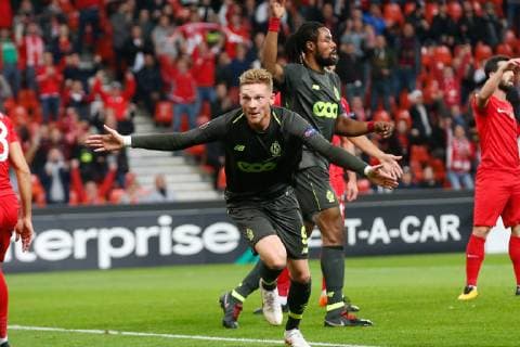 Standard s Renaud Emond celebrates after scoring during a game of Belgian soccer team Standard de Liege against Turkish team Akhisar Belediyespor, in Liege, Thursday 04 October 2018, on day two of the Europa League group stage in group J. BRUNOxFAHY  x05440785x