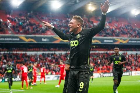 Standard s Renaud Emond celebrates after scoring during a game of Belgian soccer team Standard de Liege against Turkish team Akhisar Belediyespor, in Liege, Thursday 04 October 2018, on day two of the Europa League group stage in group J. BRUNOxFAHY  x05440788x