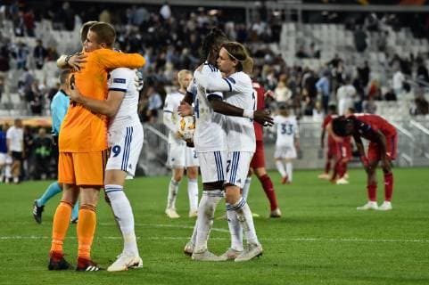 Joie fin de match Copenhague FOOTBALL : Bordeaux vs Copenhague - 2eme Tour Ligue Europa - Bordeaux - 04 10 2018 ThierryBreton Panoramic 
