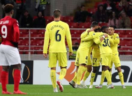MOSCOW, RUSSIA â€“ OCTOBER 4, 2018: Villarreal s Karl Toko Ekambi (2n R back) and his teammates celebrate scoring in their 2018 19 UEFA Europa League Group G Round 2 football match against FC Spartak Moscow at Otkrytie Arena Stadium. Sergei Fadeichev TASS  TS09291D