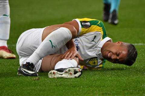 ENG UEFA EL Bayer 04 Leverkusen GER vs AEK Larnaca CYP 04 10 2018 BayArena Leverkusen Europaleque Preliminary Round GER UEFA EL Bayer 04 Leverkusen GER vs AEK Larnaca CYP DFL regulations prohibit any use of photographs picture shows Joan Guillem Truyols AEK Larnaka 4 injured on the ground nordphotox xMeuter nph00351
