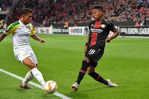 ENG UEFA EL Bayer 04 Leverkusen GER vs AEK Larnaca CYP 04 10 2018 BayArena Leverkusen Europaleque Preliminary Round GER UEFA EL Bayer 04 Leverkusen GER vs AEK Larnaka CYP DFL regulations prohibit any use of photographs picture sequences Wendell Leverkusen 18 in a duel against Silva Igor AEK Larnaka 2 nordphotox xMeuter nph00351
