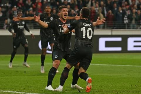 Soccer Europa League 02 Matchday Eintracht Frankfurt Lazio Rome on 04 10 2018 in the Commerzbank Arena in Frankfurt Jubilation Torjubel goalscorer Filip Kostic Frankfurt celebrates after his goal to 2 to 1 with Luka Jovic Frankfurt and Sebastien Haller Frankfurt cheers in the background MH