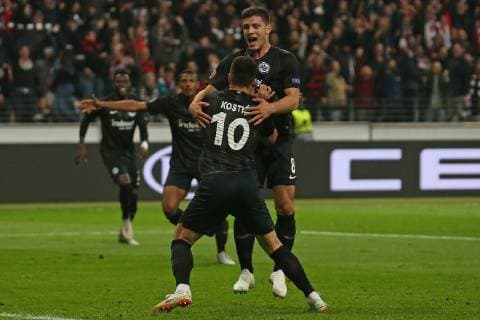 Soccer Europa League 02 Matchday Eintracht Frankfurt Lazio Rome on 04 10 2018 in the Commerzbank Arena in Frankfurt Jubilation Torjubel goalscorer Filip Kostic Frankfurt celebrates after his goal to 2 to 1 with Luka Jovic Frankfurt and Sebastien Haller Frankfurt cheers in the background MH