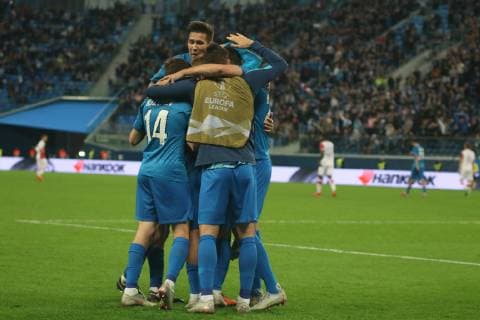 Russian Federation. St. Petersburg. Arena St. Petersburg. Zenit Arena. UEFA Europa League. 2 round of group C. FC Zenit - FC Slavia Prague. Player football club Zenit Alexander Kokorin MaksimxKonstantinov 