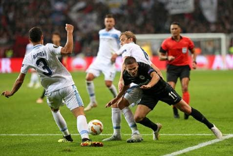 04 10 2018 Football UEFA Europa League 2018 2019 Group Stage 2 Gameday Eintracht Frankfurt Lazio at Commerzbank Arena Frankfurt LR Luiz Felipe Lazio Rome Dusan Basta Lazio Rome in a duel with Mijat Gacinovic Eintracht Frankfurt DFL and DFB regulations prohibit any use of photographs as image sequences and or quasi video