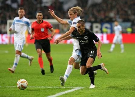 04 10 2018 Football UEFA Europa League 2018 2019 Group stage 2 Gameday Eintracht Frankfurt Lazio at the Commerzbank Arena Frankfurt LR Basta Lazio Rome in a duel with Mijat Gacinovic Eintracht Frankfurt DFL and DFB regulations prohibit any use of images as or sequences Video