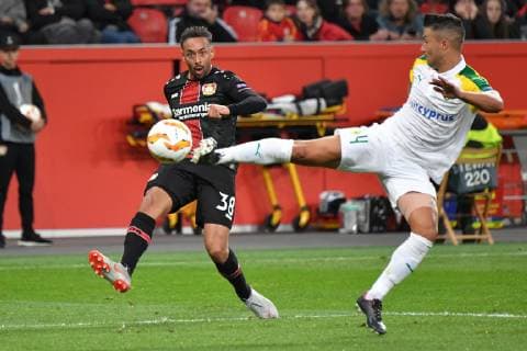 ENG UEFA EL Bayer 04 Leverkusen GER vs AEK Larnaca CYP 04 10 2018 BayArena Leverkusen Europaleque Preliminary Round GER UEFA EL Bayer 04 Leverkusen GER vs AEK Larnaka CYP DFL regulations prohibit any use of photographs picture sequences and or so on picture picture shows Karim Bellarabi Leverkusen 38 in a duel against Joan Guillem Truyols AEK Larnaka 4 nordphotox xMeuter nph00351
