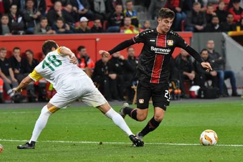 ENG UEFA EL Bayer 04 Leverkusen GER vs AEK Larnaca CYP 04 10 2018 BayArena Leverkusen Europaleque Preliminary Round GER UEFA EL Bayer 04 Leverkusen GER vs AEK Larnaka CYP DFL regulations prohibit any use of photographs picture sequences and quasi video in picture picture shows Kai Havertz Leverkusen 29 in a duel against Gonzales Mikel AEK Larnaka 18 nordphotox xMeuter nph00351
