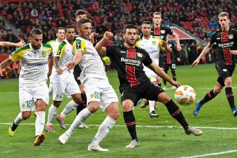 ENG UEFA EL Bayer 04 Leverkusen GER vs AEK Larnaca CYP 04 10 2018 BayArena Leverkusen Europaleque Preliminary Round GER UEFA EL Bayer 04 Leverkusen GER vs AEK Larnaka CYP DFL regulations prohibit any use of photographs image sequences in the picture picture shows in the penalty area Kevin Volland Leverkusen 31 in a duel against Apostolos Giannou AEK Larnaka 99 nordphotox xMeuter nph00351