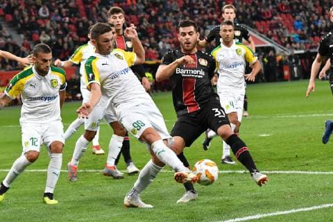 ENG UEFA EL Bayer 04 Leverkusen GER vs AEK Larnaca CYP 04 10 2018 BayArena Leverkusen Europaleque Preliminary Round GER UEFA EL Bayer 04 Leverkusen GER vs AEK Larnaka CYP DFL regulations prohibit any use of photographs image sequences in the picture picture shows in the penalty area Kevin Volland Leverkusen 31 in a duel against Apostolos Giannou AEK Larnaka 99 nordphotox xMeuter nph00351