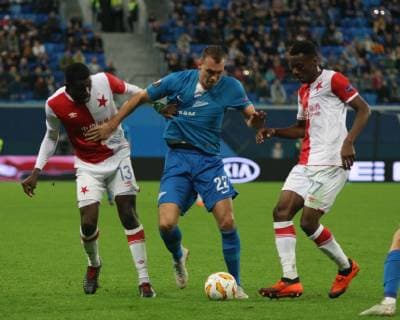 Russian Federation. St. Petersburg. Arena St. Petersburg. Zenit Arena. UEFA Europa League. 2 round of group C. FC Zenit - FC Slavia Prague. Player football club Zenit Artyom Dzyuba MaksimxKonstantinov 