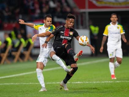 Leverkusen Germany 04 10 2018 UEFA Europa League 2018 19 Season Preliminary Round Group Stage Group A 2 Gameday Bayer 04 Leverkusen AEK Larnaca Acoran Barrera Reyes AEK Wendell B04 in action DeFodi512