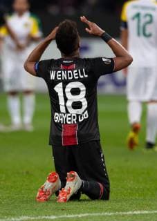 Leverkusen Germany 04 10 2018 UEFA Europa League 2018 19 Season Preliminary Round Group Stage Group A 2 Matchday Bayer 04 Leverkusen AEK Larnaka Wendell B04 kneels after the final whistle on DeFodi512