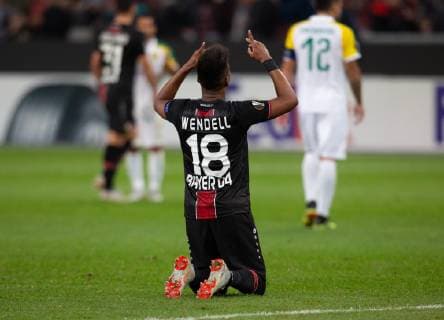 Leverkusen Germany 04 10 2018 UEFA Europa League 2018 19 Season Preliminary Round Group Stage Group A 2 Matchday Bayer 04 Leverkusen AEK Larnaka Wendell B04 kneels after the final whistle on DeFodi512