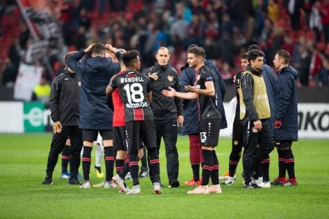 Leverkusen Germany 04 10 2018 UEFA Europa League 2018 19 Season Preliminary Round Group Stage Group A 2 Matchday Bayer 04 Leverkusen AEK Larnaka Wendell B04 Head Coach Heiko Herrlich B04 Lucas Alario B04 after the final whistle DeFodi512