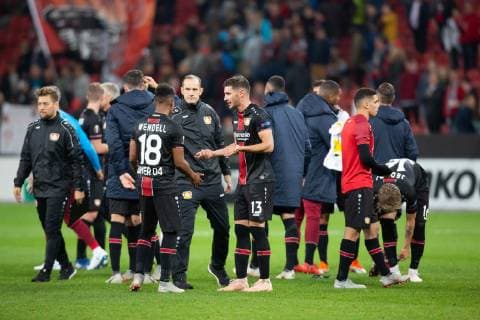 Leverkusen Germany 04 10 2018 UEFA Europa League 2018 19 Season Preliminary Round Group Stage Group A 2 Matchday Bayer 04 Leverkusen AEK Larnaka Wendell B04 Head Coach Heiko Herrlich B04 Lucas Alario B04 after the final whistle DeFodi512