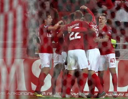 MOSCOW, RUSSIA â€“ OCTOBER 4, 2018: FC Spartak Moscow s players celebrate scoring in their 2018 19 UEFA Europa League Group G Round 2 football match against Villarreal at Otkrytie Arena Stadium. Sergei Fadeichev TASS  TS092936
