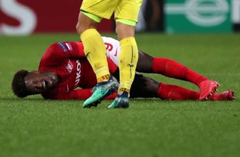 MOSCOW, RUSSIA â€“ OCTOBER 4, 2018: FC Spartak Moscow s Ze Luis lying on the pitch in their 2018 19 UEFA Europa League Group G Round 2 football match against Villarreal at Otkrytie Arena Stadium. Sergei Fadeichev TASS  TS092943