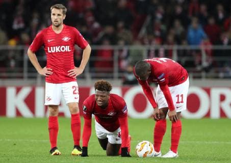 MOSCOW, RUSSIA â€“ OCTOBER 4, 2018: FC Spartak Moscow s Dmitry Kombarov, Ze Luis, and Fernando (L-R) in their 2018 19 UEFA Europa League Group G Round 2 football match against Villarreal at Otkrytie Arena Stadium. Sergei Fadeichev TASS  TS092944